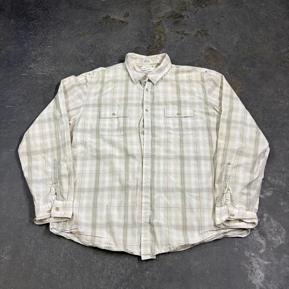 Calvin Klein Mens XL Cream Plaid Button Down Shirt Y2K Long Sleeve Cotton